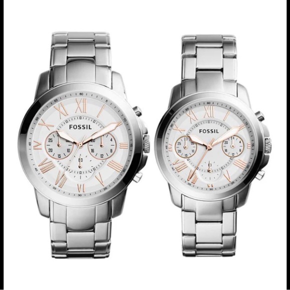Fossil Silver Grant Chronograph couple Stainless Steel Watch Box Set